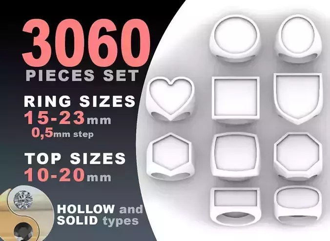 Signet rings set 10 shapes 3060 pieses MEGA pack 3D Model Collection