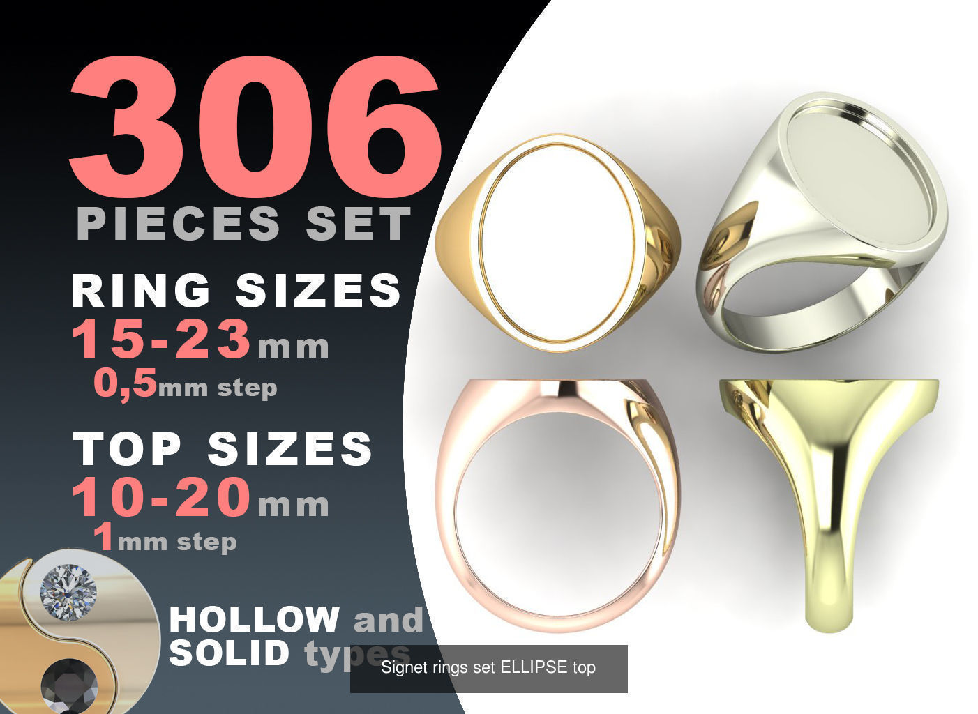 Signet rings set 10 shapes 3060 pieses MEGA pack 3D Model Collection_4