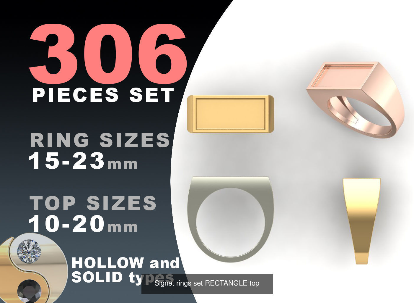 Signet rings set 10 shapes 3060 pieses MEGA pack 3D Model Collection_9
