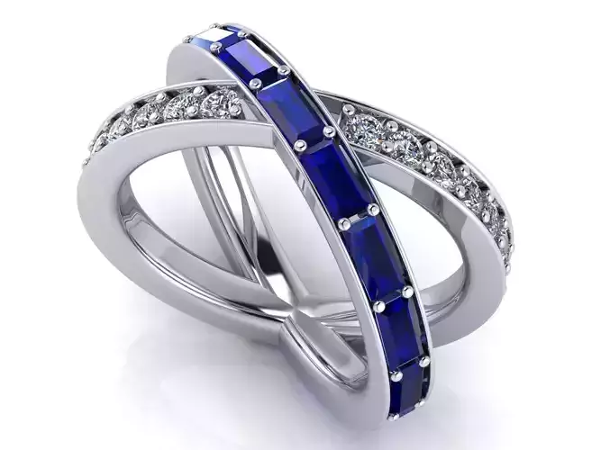 Cris - Cross X Ring - Round Diamonds and Sapphire Baguettes