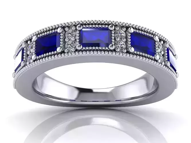 Milgrain Engagement Ring - Baguette Sapphires and Round Diamonds