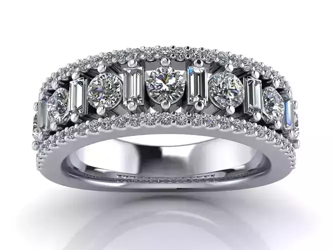 Wide Engagement Ring - Wedding Band - Baguette and Round Diamond