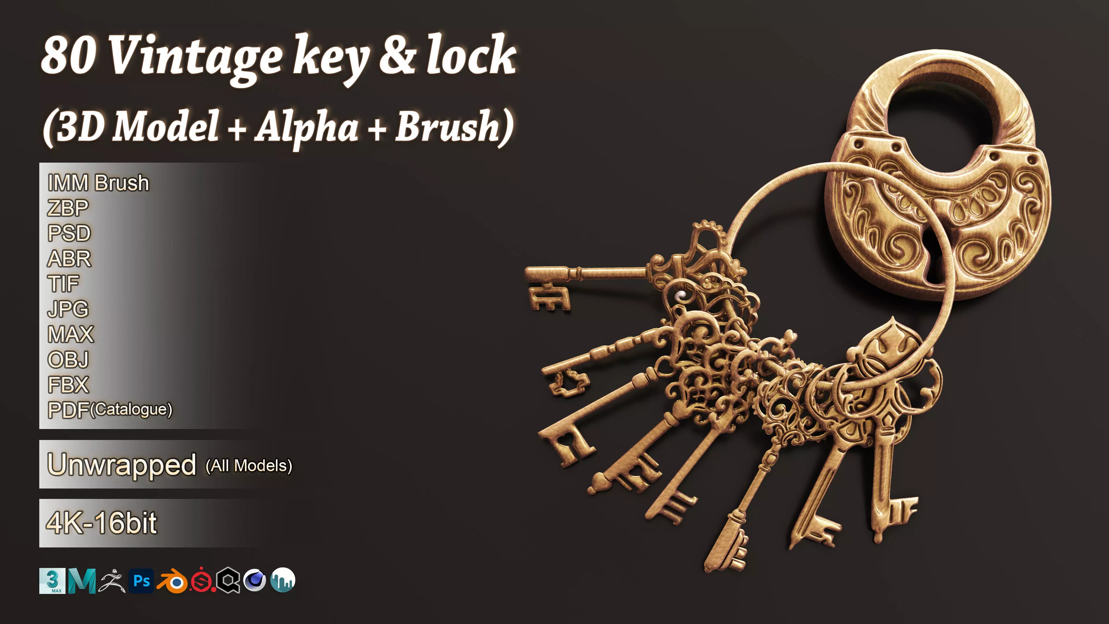 80 Vintage Key and Lock 3D Model   Alpha   Brush 3D model_0