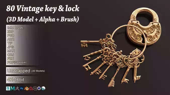 80 Vintage Key and Lock 3D Model   Alpha   Brush