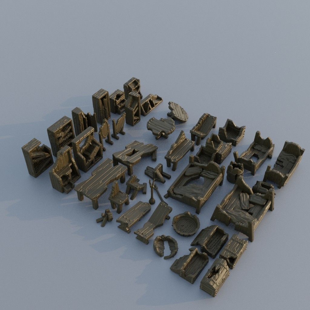 40 different Ruined Furniture Tabletop Scatter Terrain 28 mm 3D print model_1