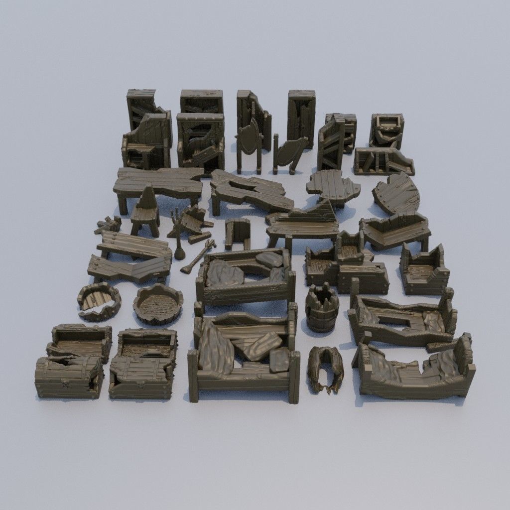 40 different Ruined Furniture Tabletop Scatter Terrain 28 mm 3D print model_4