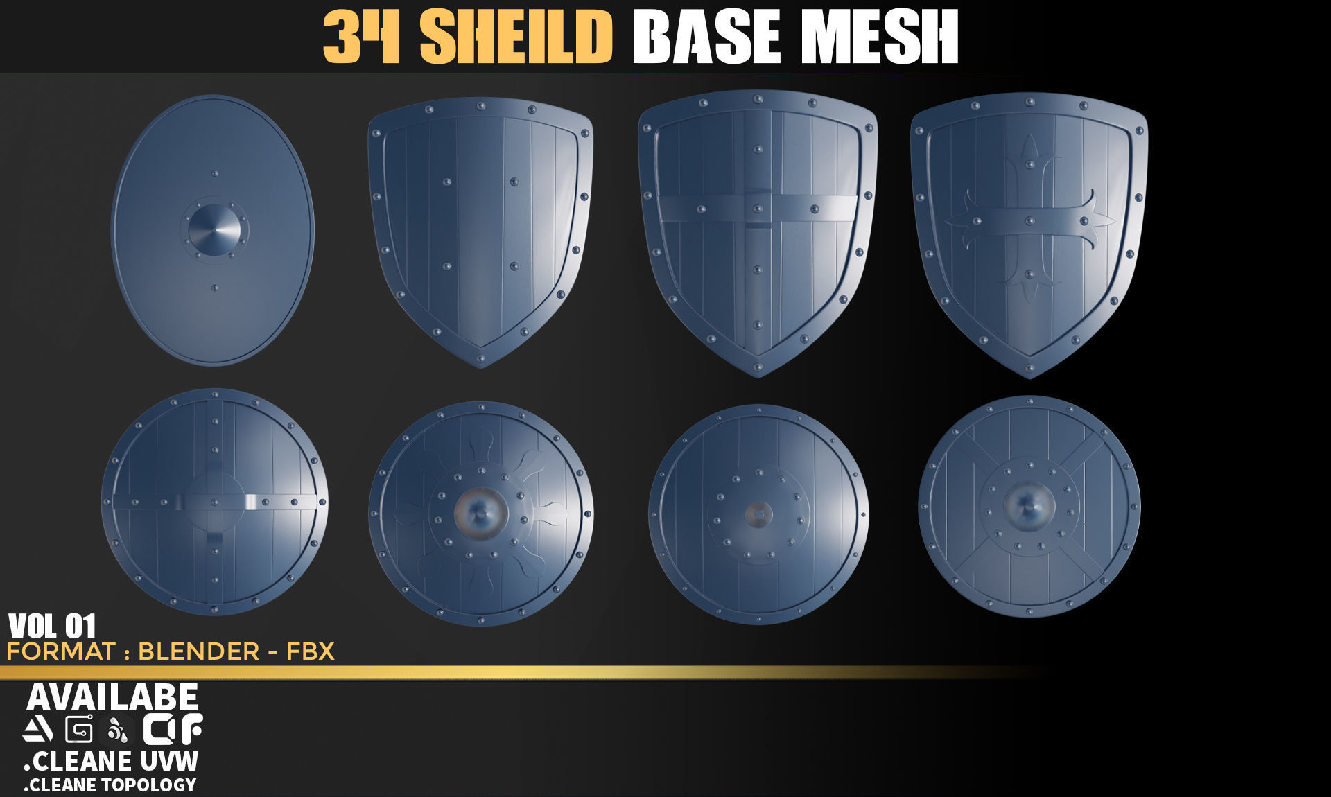 34 Shield Base Mesh - VOL 01 Game Ready 3D model_3