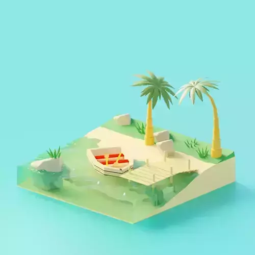 Island with palm trees and boat