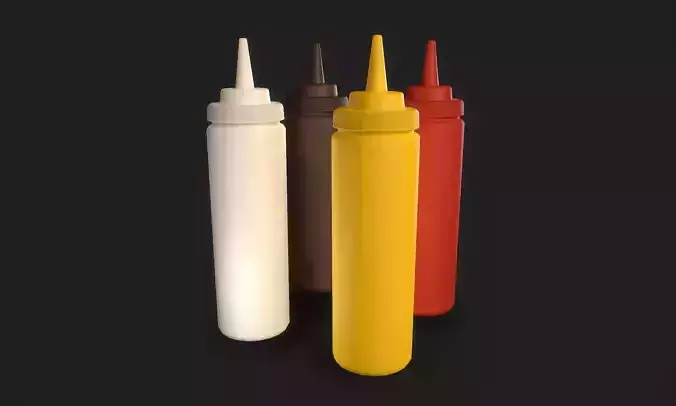 Condiment Squeeze Bottles Mustard Ketchup Brown and Mayo Low-poly 3D model