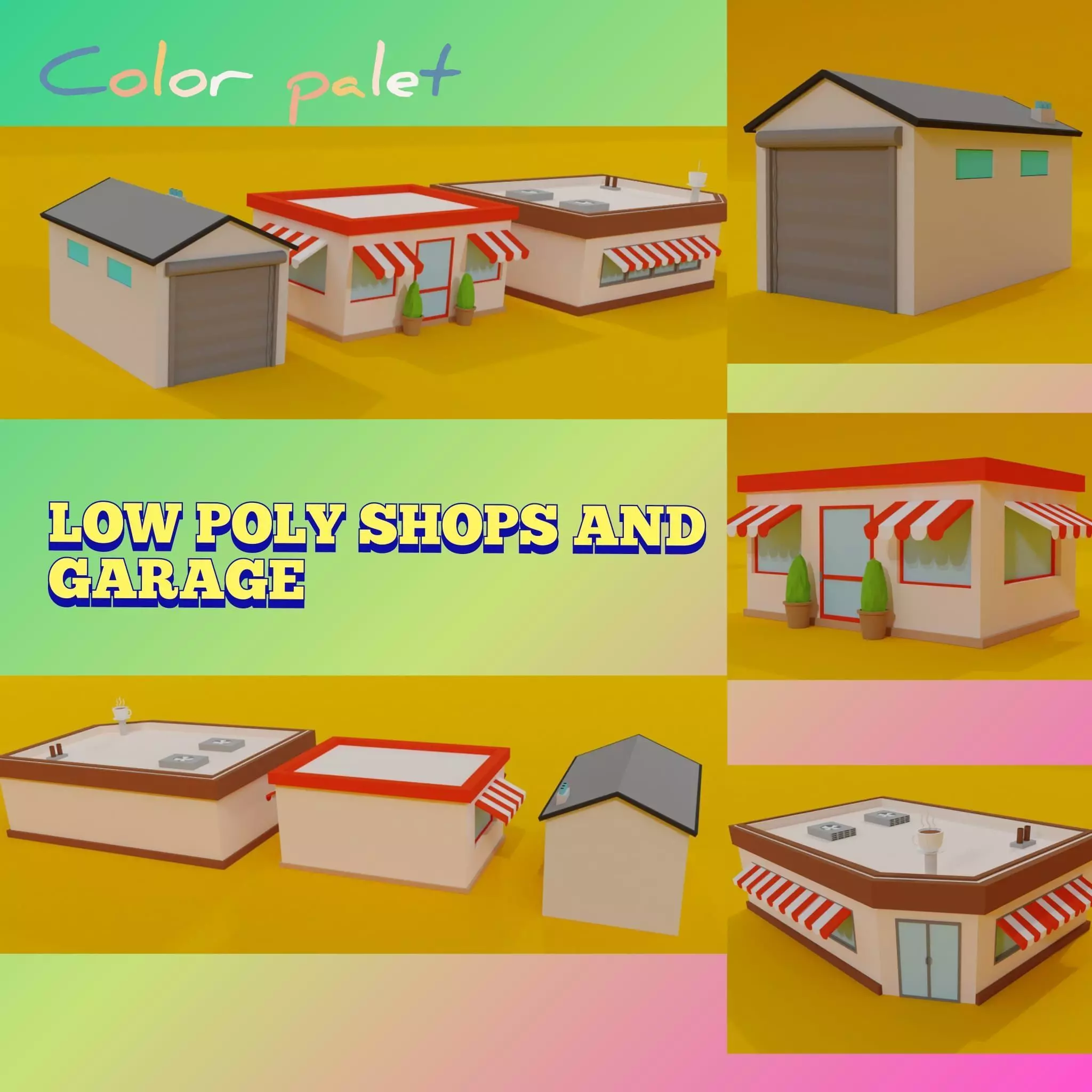 low poly shops and garage Low-poly 3D model