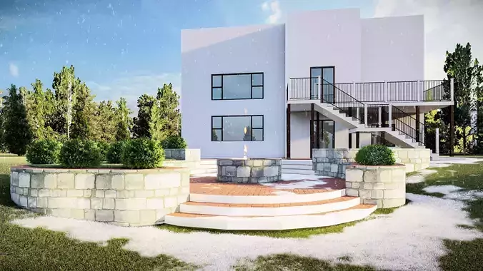 VERTICAL CLADDING HOUSE WITH LANDSCAPE OUTDOOR FIREPLACE