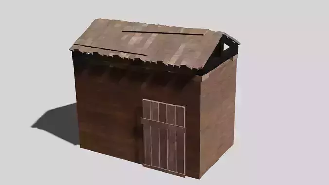 low poly game ready wooden building with roof