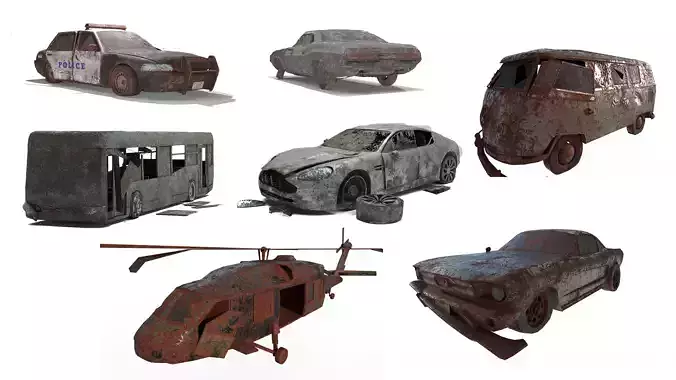 Game ready Abandoned damaged wrecked Vehicle collection model