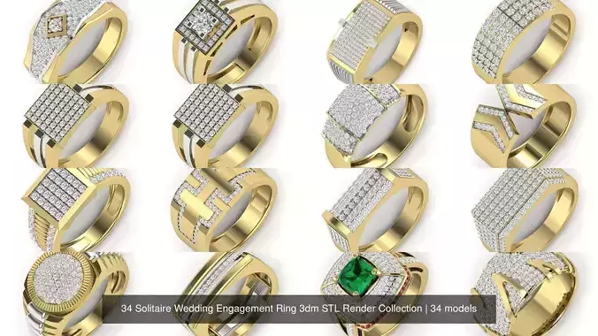 34 Solitaire Wedding Engagement Ring 3dm STL Render Collection 