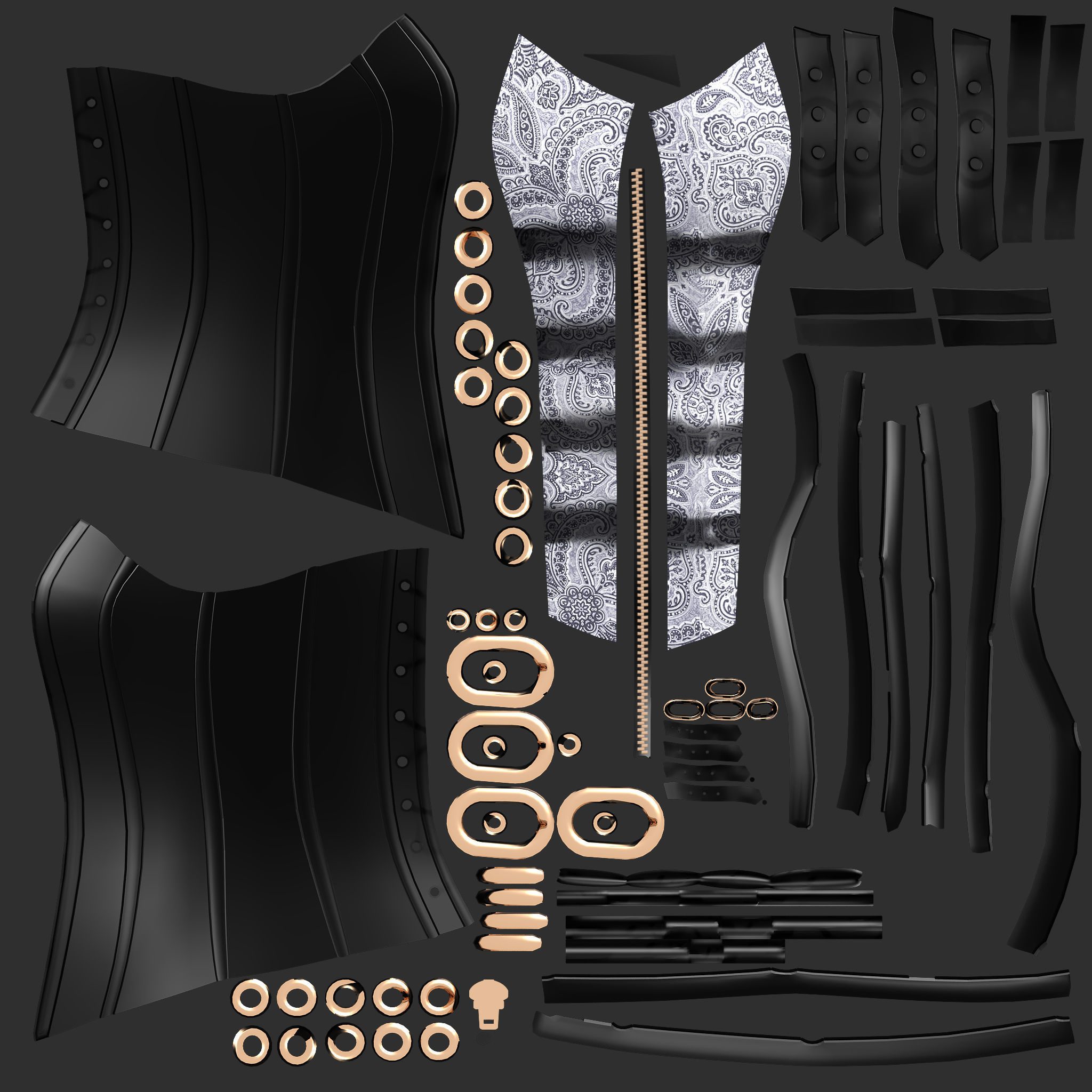 Steampunk Faux Leather Zipper Steel Bone Overbust Corset Low-poly 3D model_10