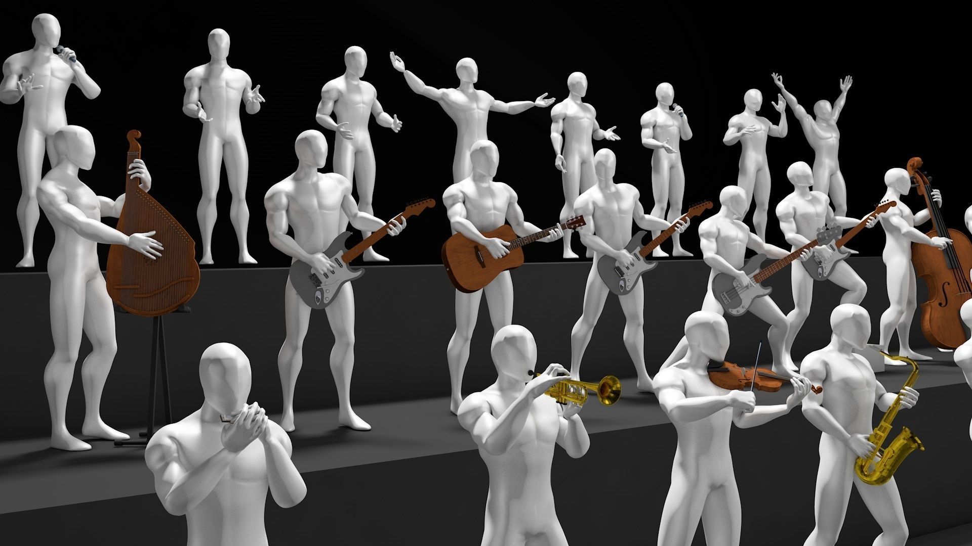 35 musicians with different instruments 3D model rigged | CGTrader