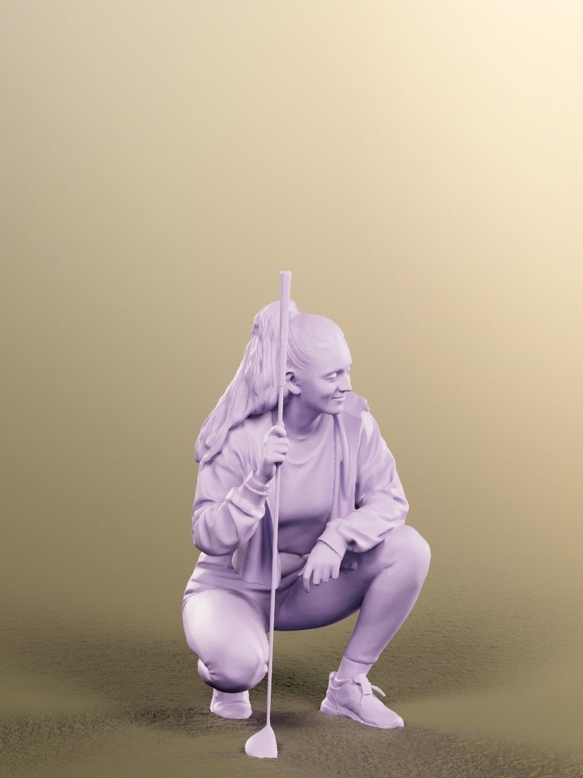 Maria 12900 - Crouching Golfer Girl With Golf Club Low-poly 3D model_4