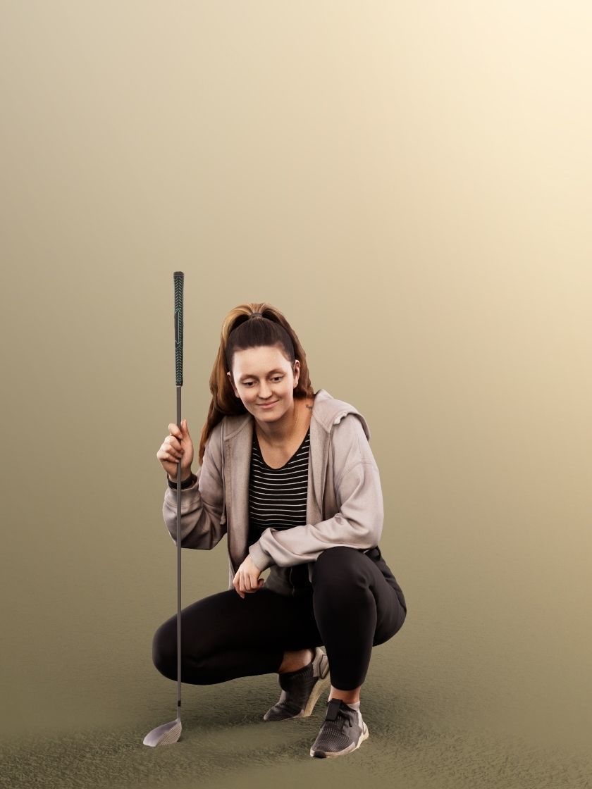 Maria 12900 - Crouching Golfer Girl With Golf Club Low-poly 3D model_2