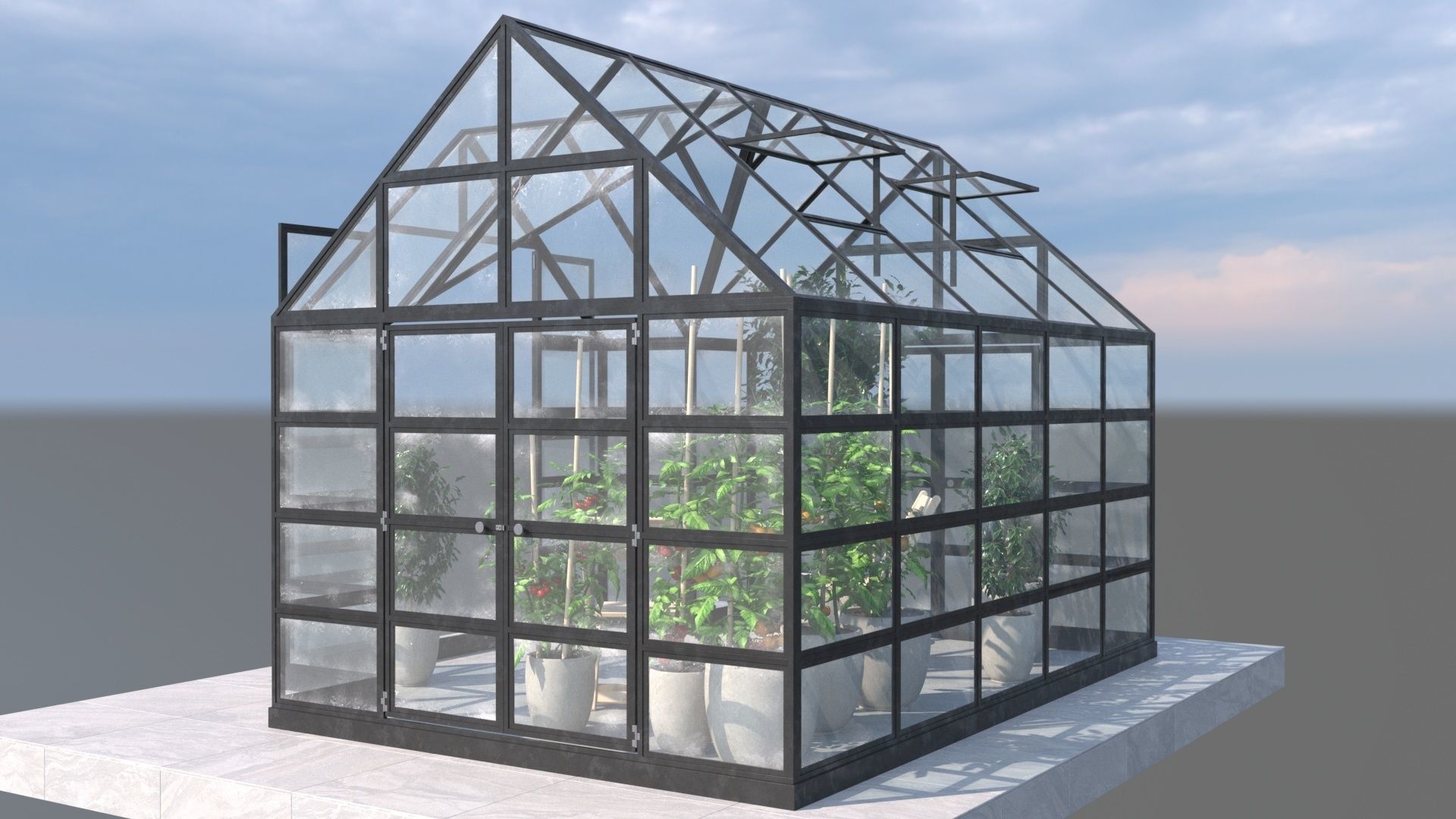 Greenhouse glass with plants inside 3D model_2
