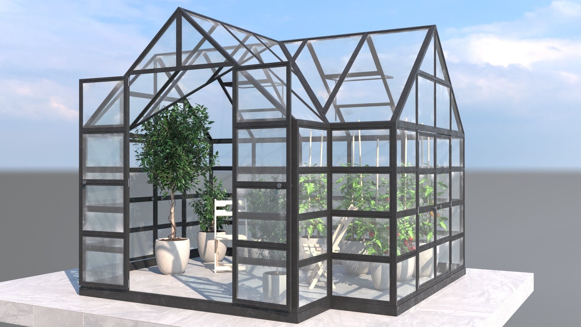 Greenhouse glass with plants inside 3D model_3