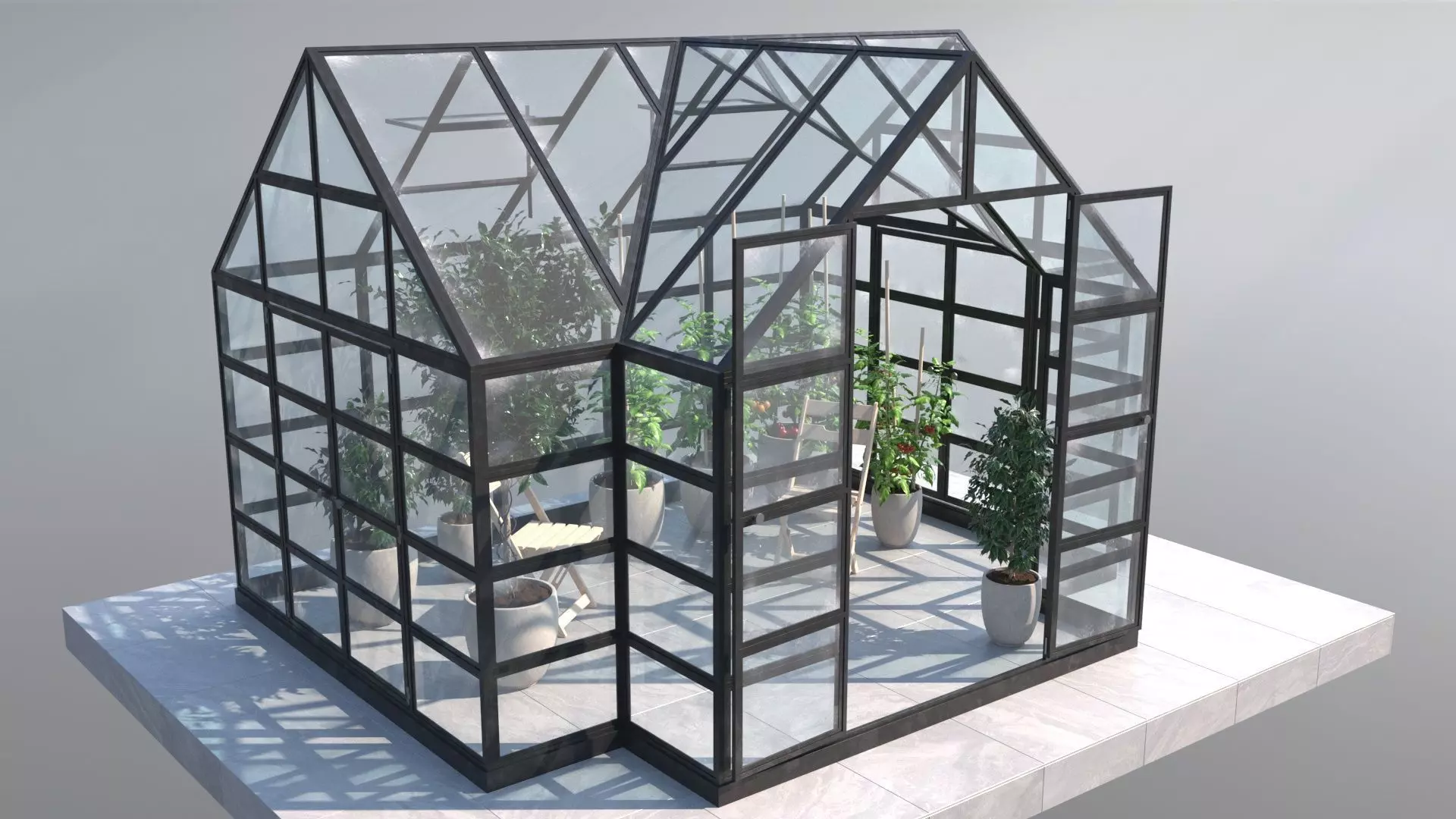 Greenhouse glass with plants inside 3D model_0