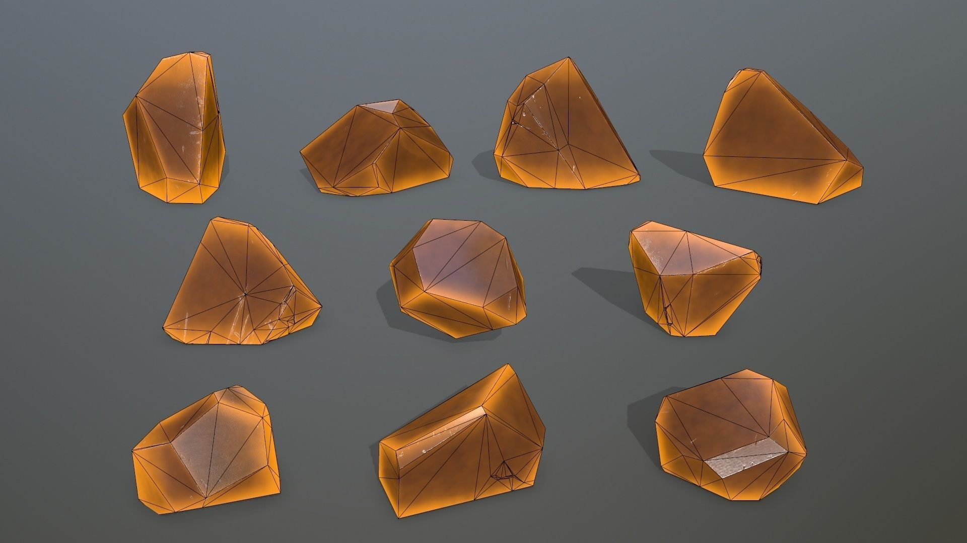 Crystal Set of orange colored rocks Low-poly 3D model_11