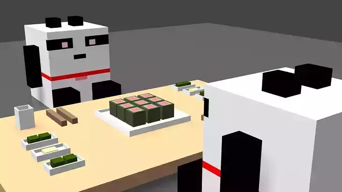 Voxel Pandas Eating Sushi Low-poly 3D model