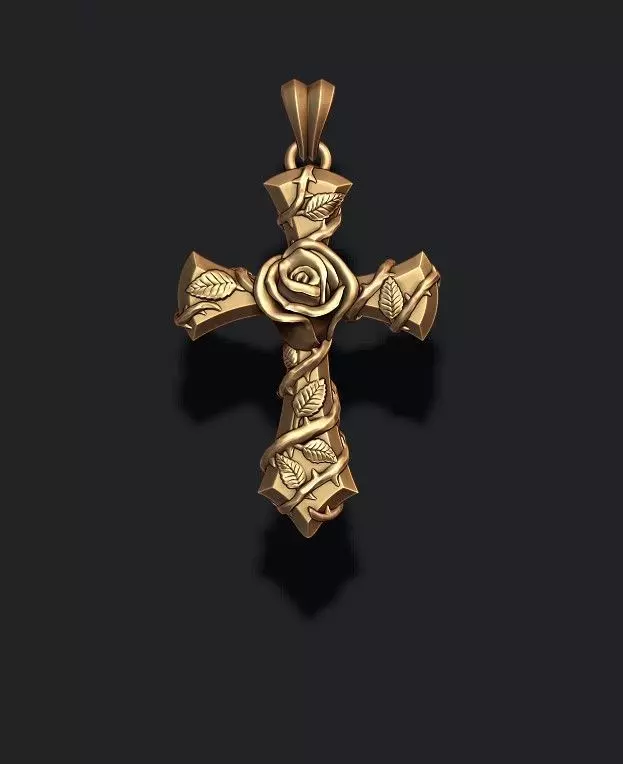 Rose cross pendant 3D print model_0