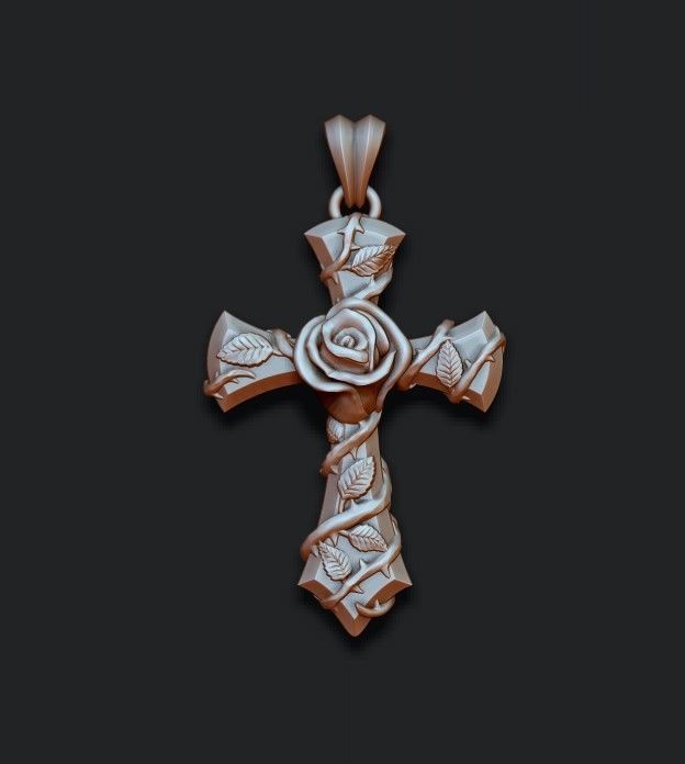 Rose cross pendant 3D print model_1