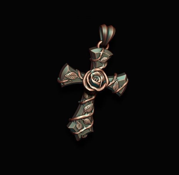 Rose cross pendant 3D print model_3