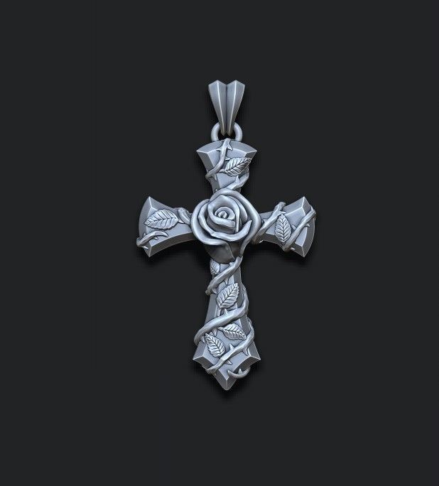 Rose cross pendant 3D print model_4