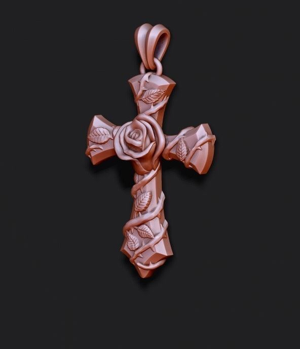 Rose cross pendant 3D print model_8