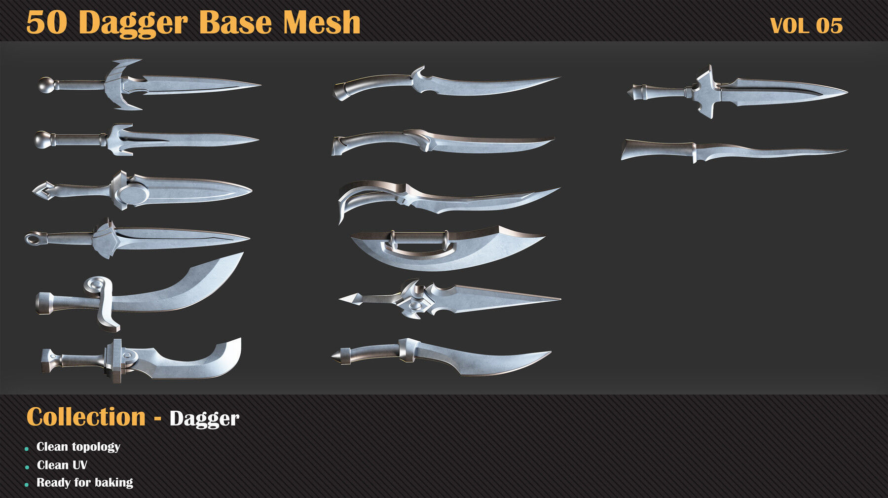 50 Dagger Base Mesh - VOL 06 - Game Ready Low-poly 3D model_7