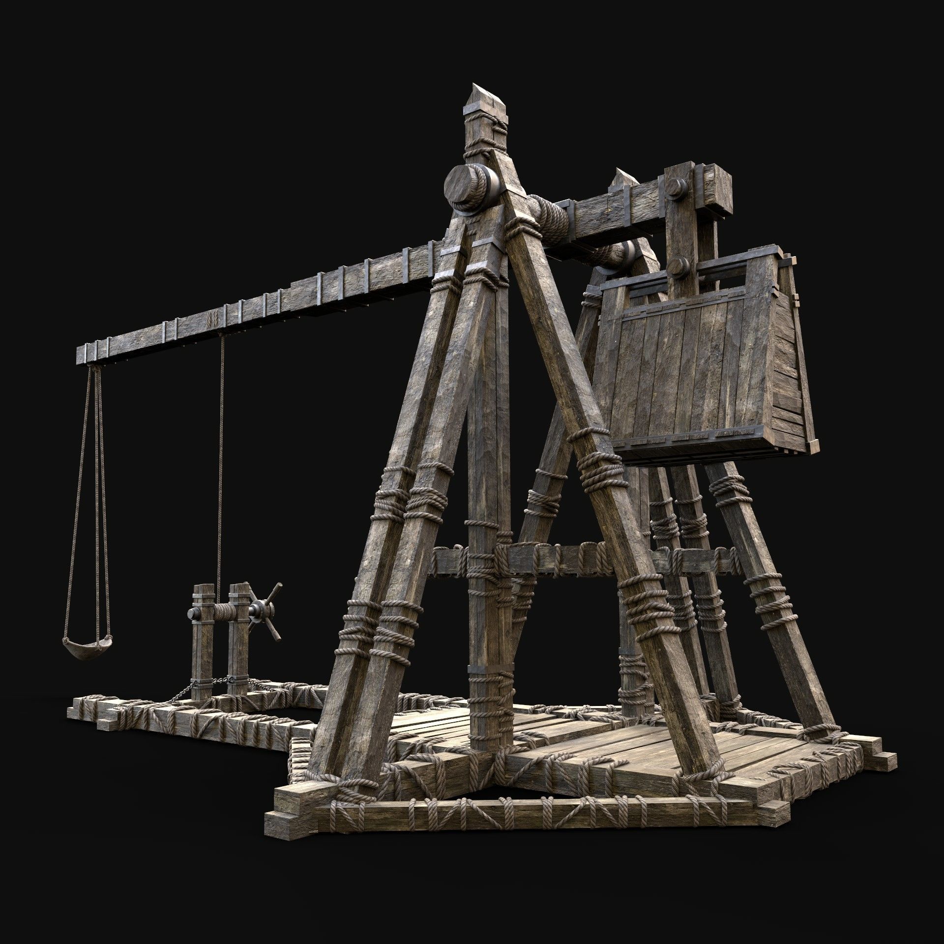 TREBUCHET WAR MACHINE MEDIEVAL SIEGE ENGINE BATTLE CONSTRUCTION Low-poly 3D model_4
