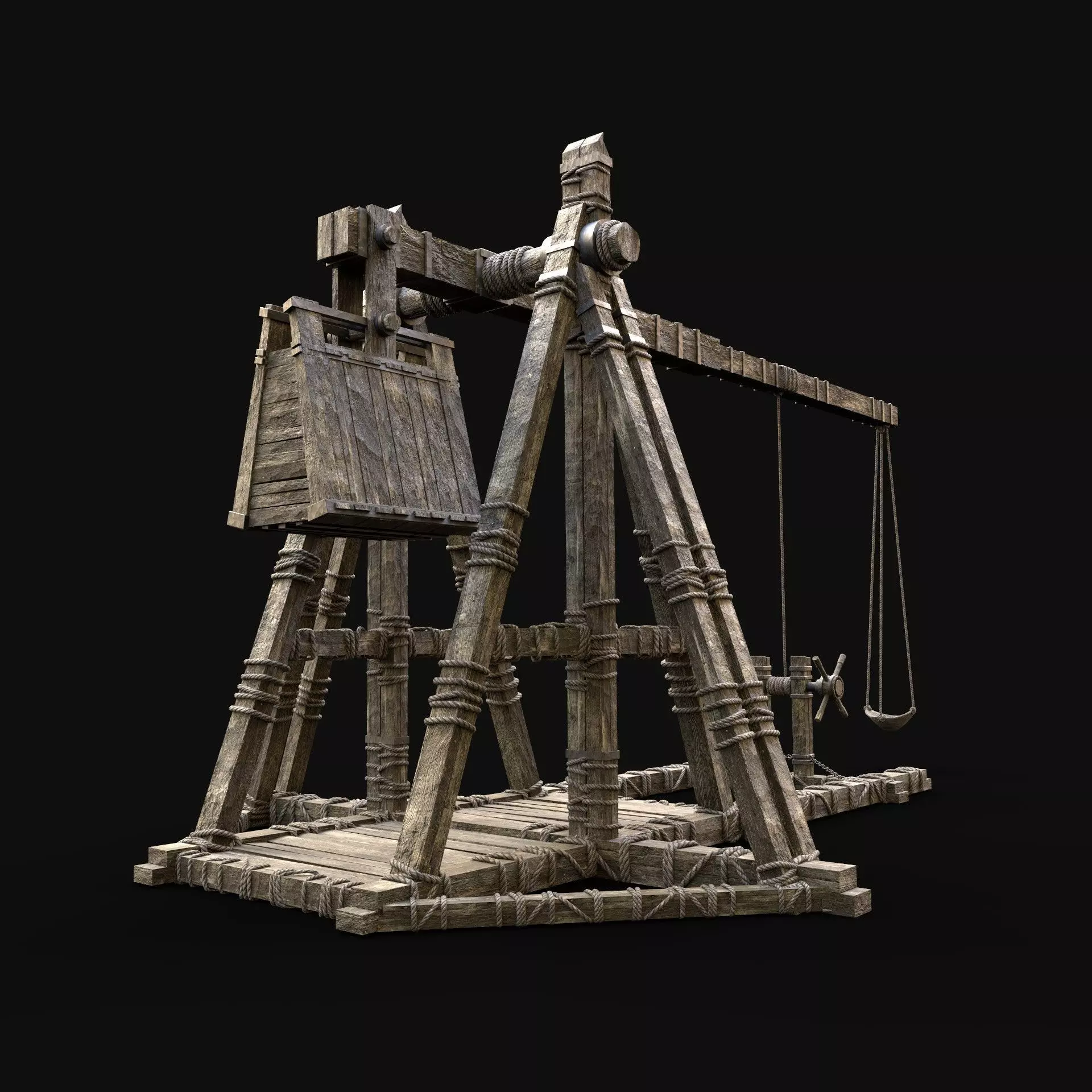 TREBUCHET WAR MACHINE MEDIEVAL SIEGE ENGINE BATTLE CONSTRUCTION Low-poly 3D model_0
