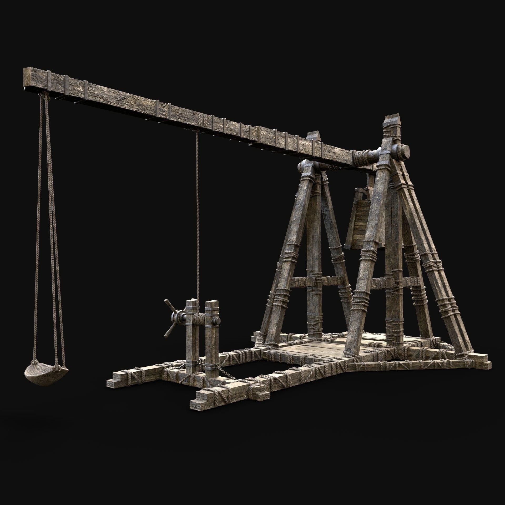 TREBUCHET WAR MACHINE MEDIEVAL SIEGE ENGINE BATTLE CONSTRUCTION Low-poly 3D model_3