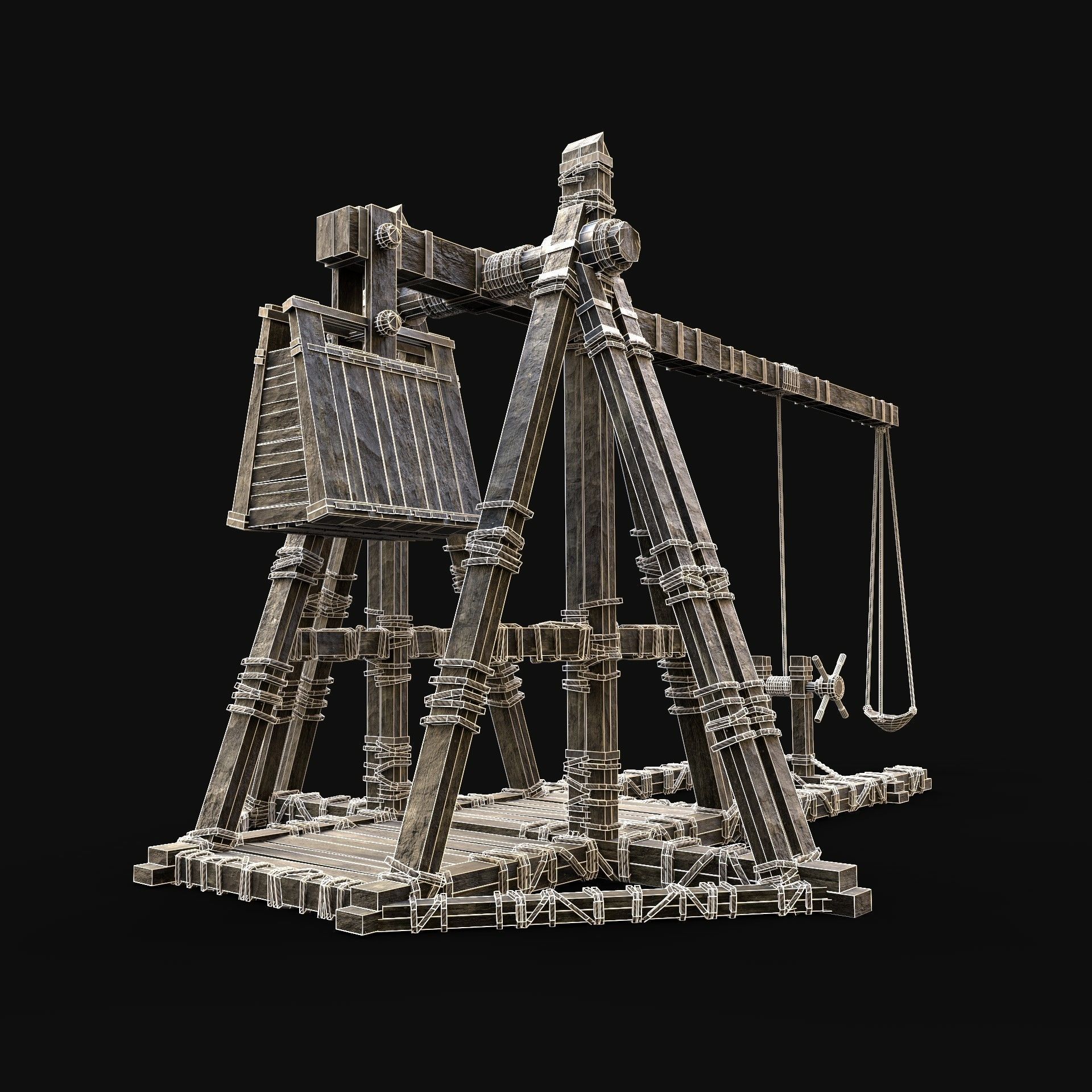 TREBUCHET WAR MACHINE MEDIEVAL SIEGE ENGINE BATTLE CONSTRUCTION Low-poly 3D model_5
