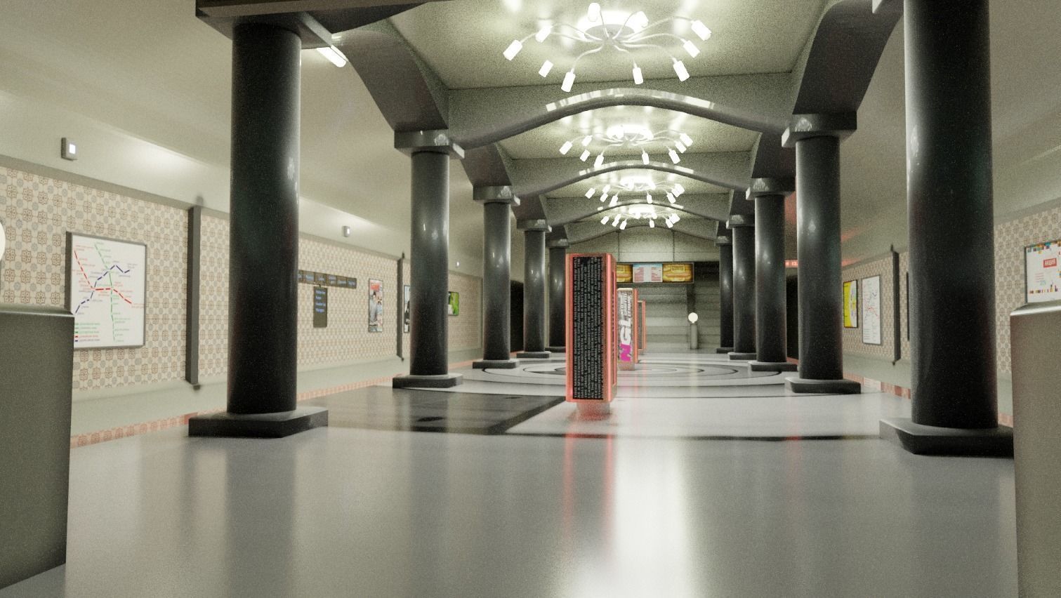 Subway station with columns and lights Free 3D model_1