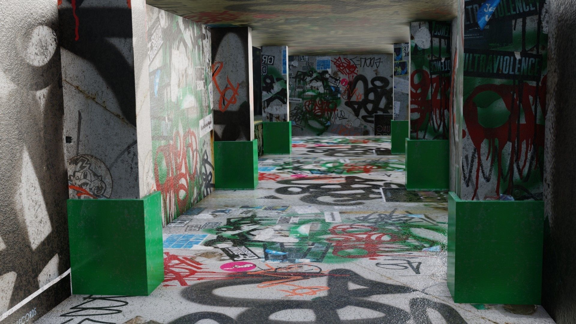 Hallway with Graffiti Low-poly 3D model_2