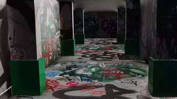 Hallway with Graffiti Low-poly 3D model