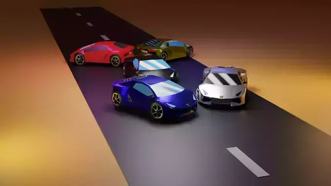 Low Poly Sport Car Five Color 3D Model For Games