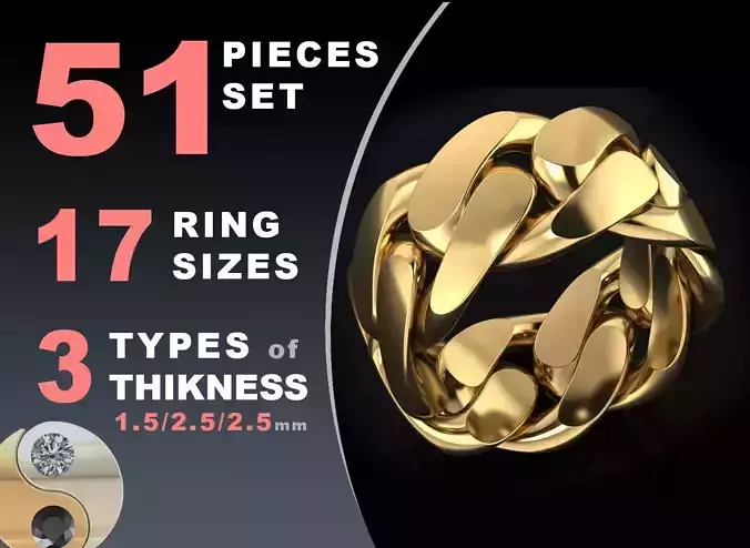 Cuban link chain ring 12 mm wide 3D print model
