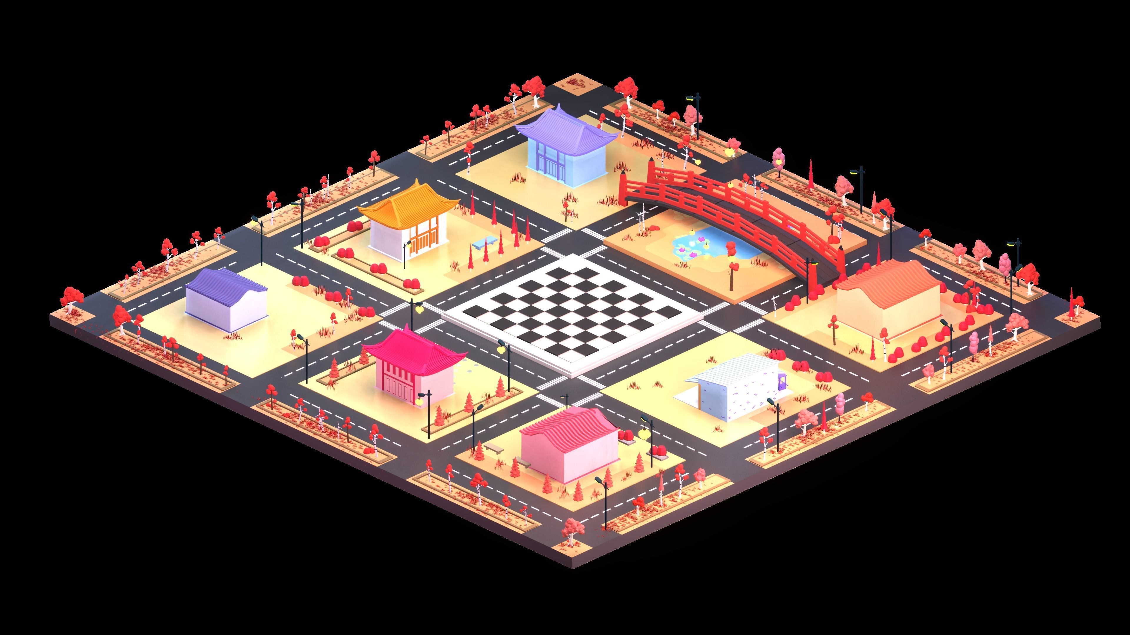 Low poly Japan city scene with chessboard 3D model Low-poly 3D model_1