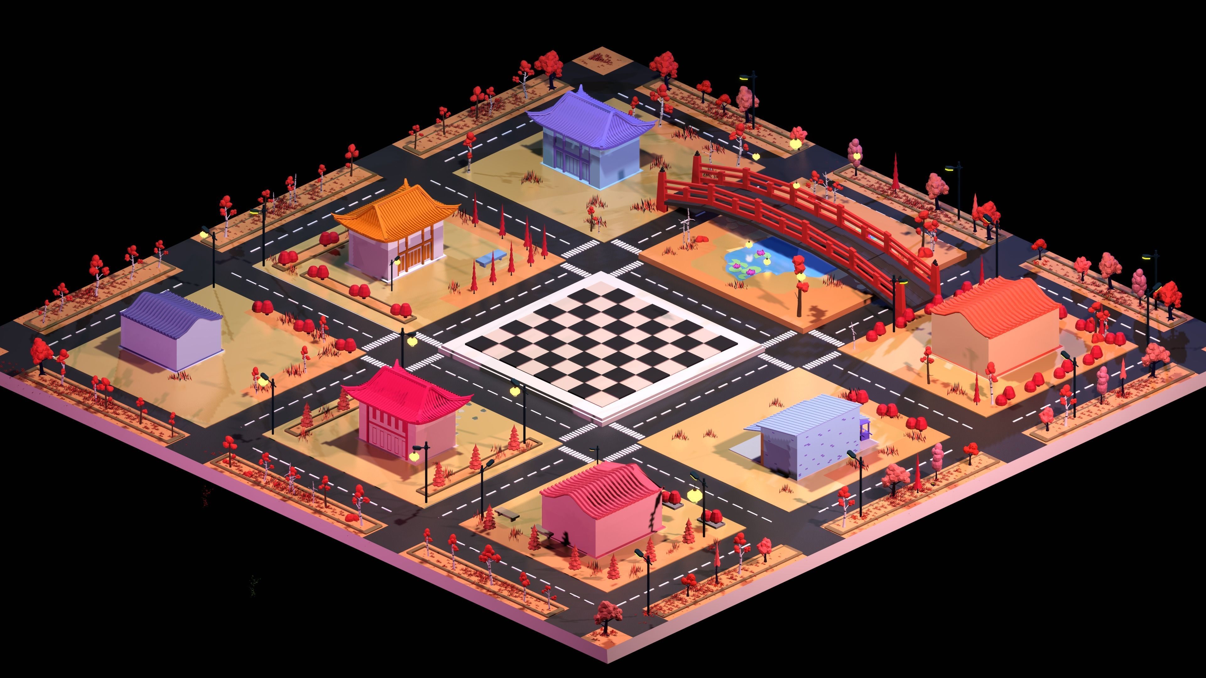 Low poly Japan city scene with chessboard 3D model Low-poly 3D model_10