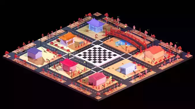 Low poly Japan city scene with chessboard 3D model