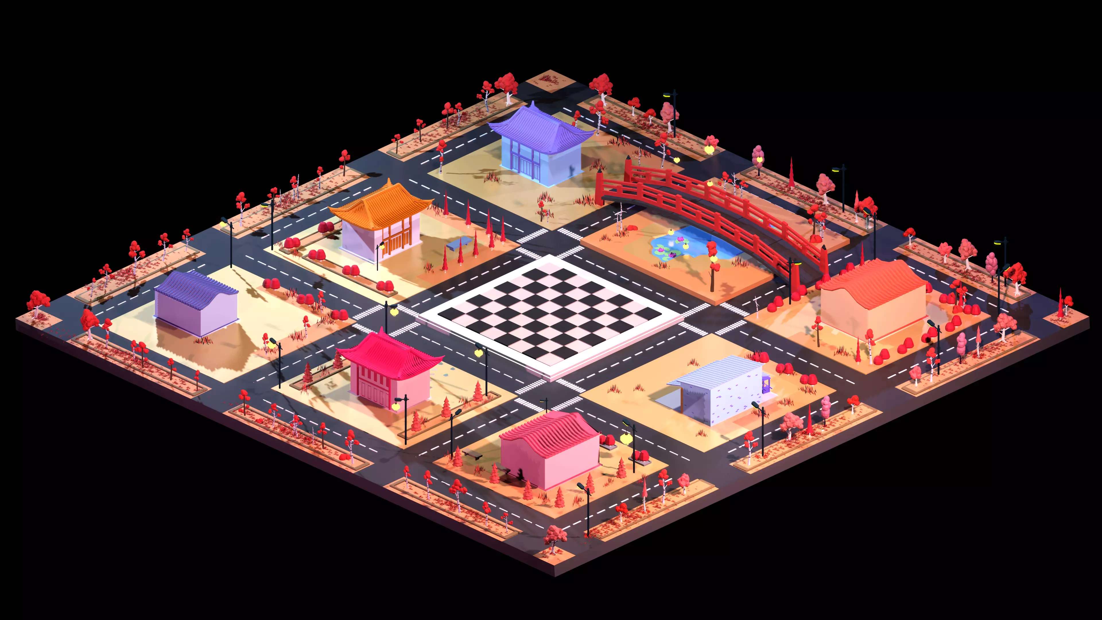 Low poly Japan city scene with chessboard 3D model Low-poly 3D model_0