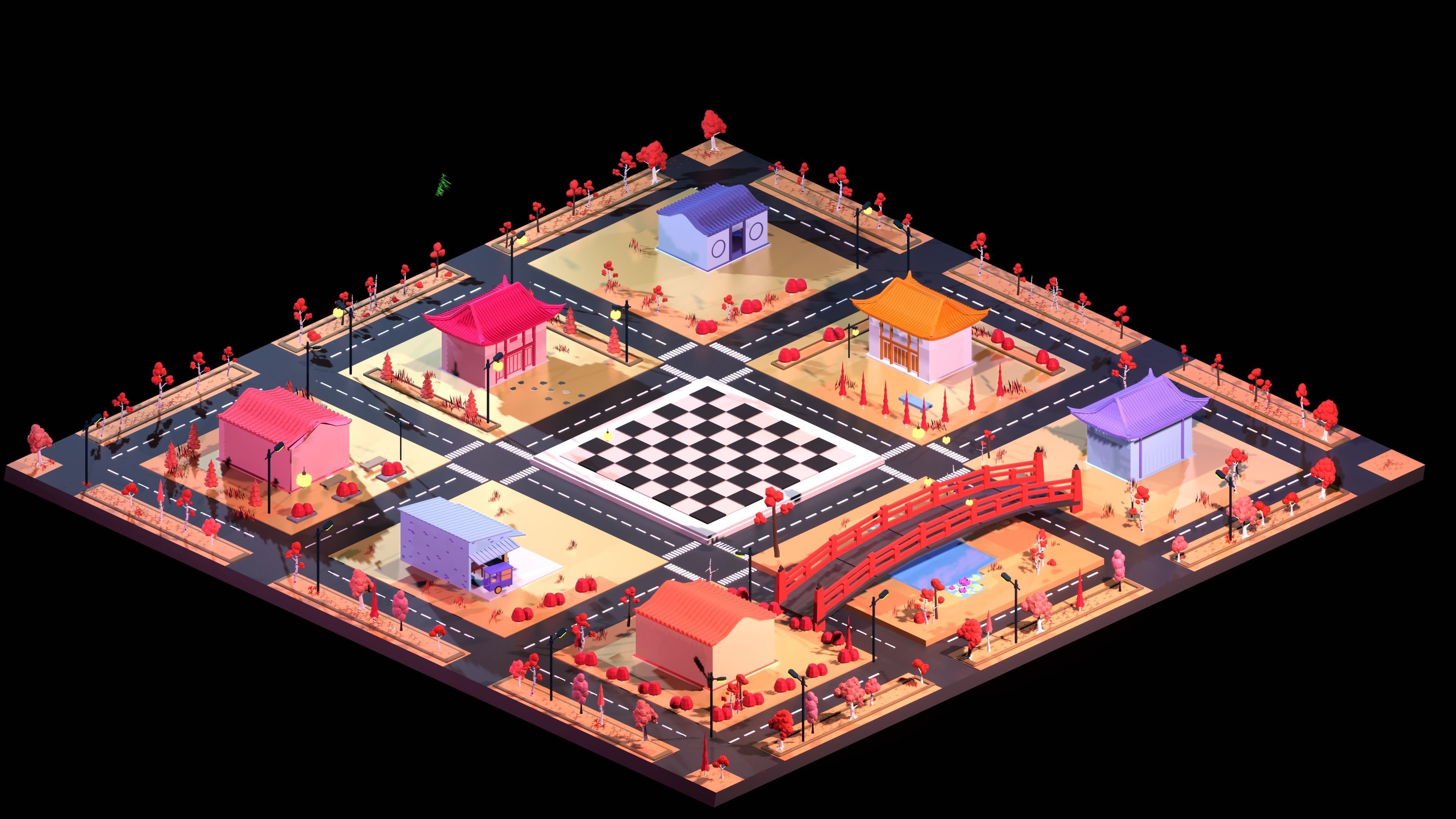 Low poly Japan city scene with chessboard 3D model Low-poly 3D model_2