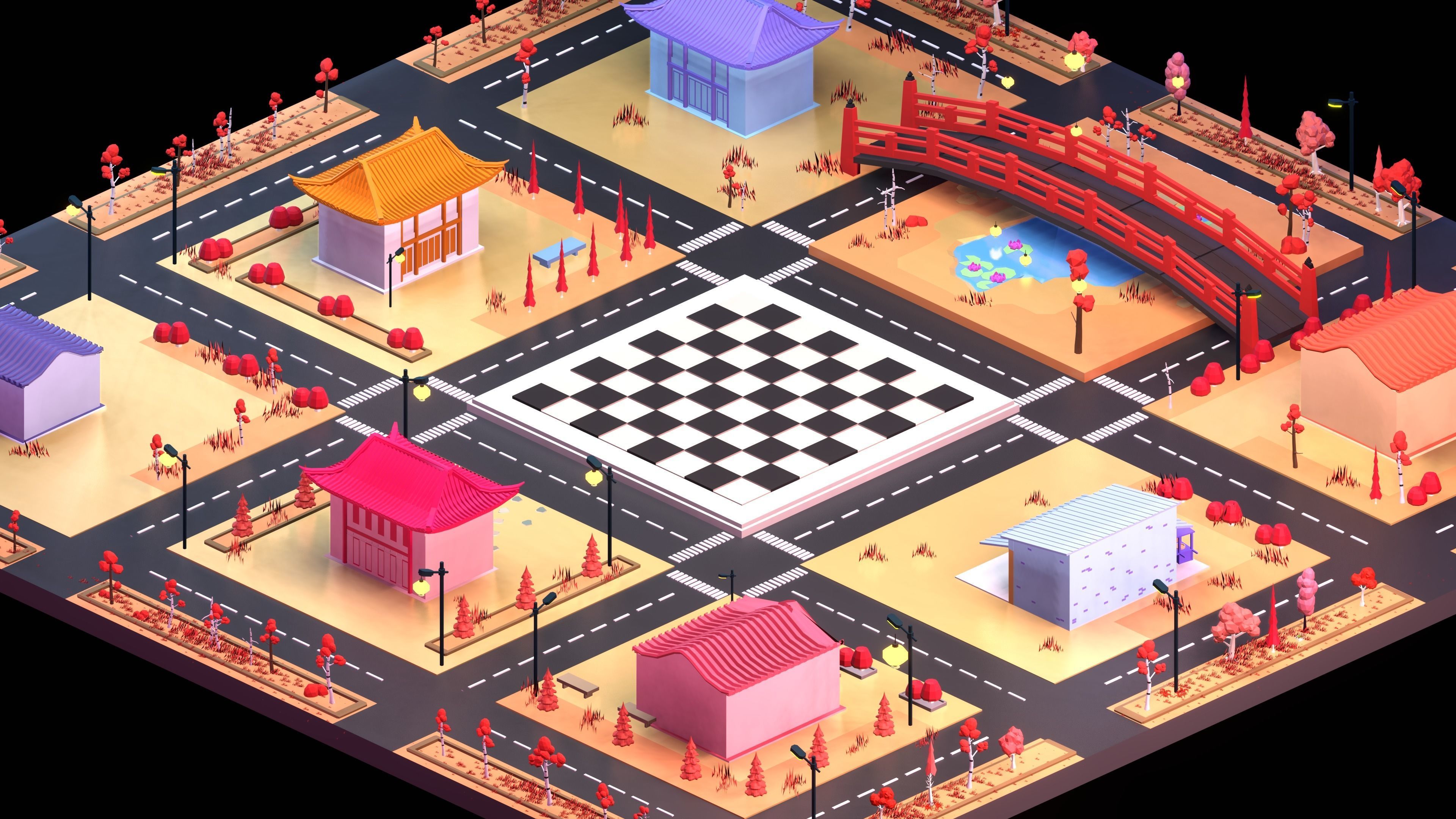 Low poly Japan city scene with chessboard 3D model Low-poly 3D model_9