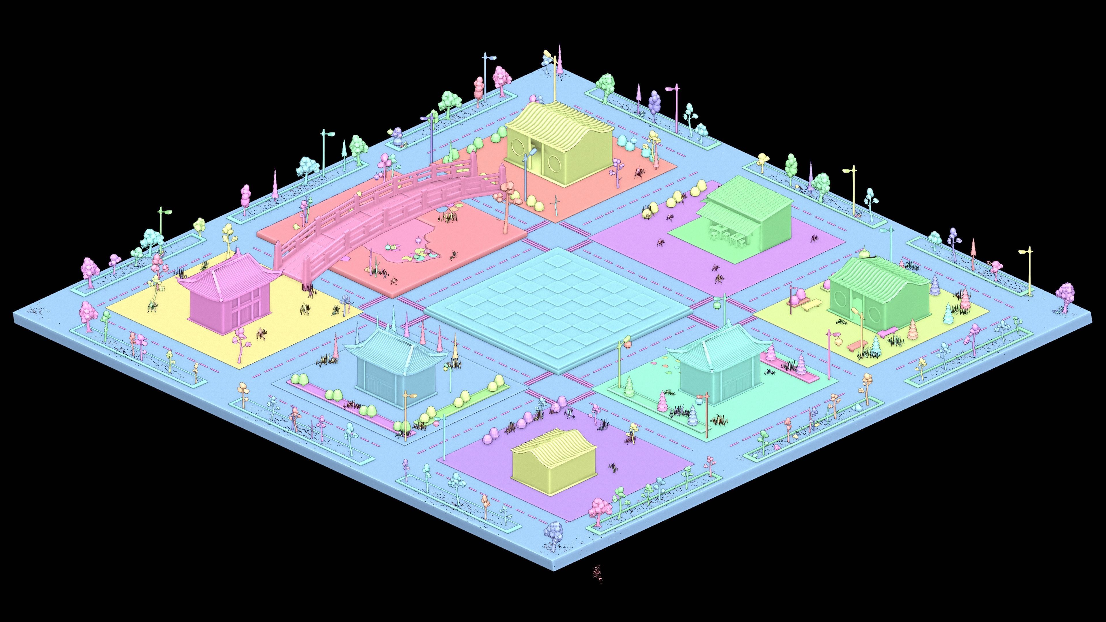 Low poly Japan city scene with chessboard 3D model Low-poly 3D model_5