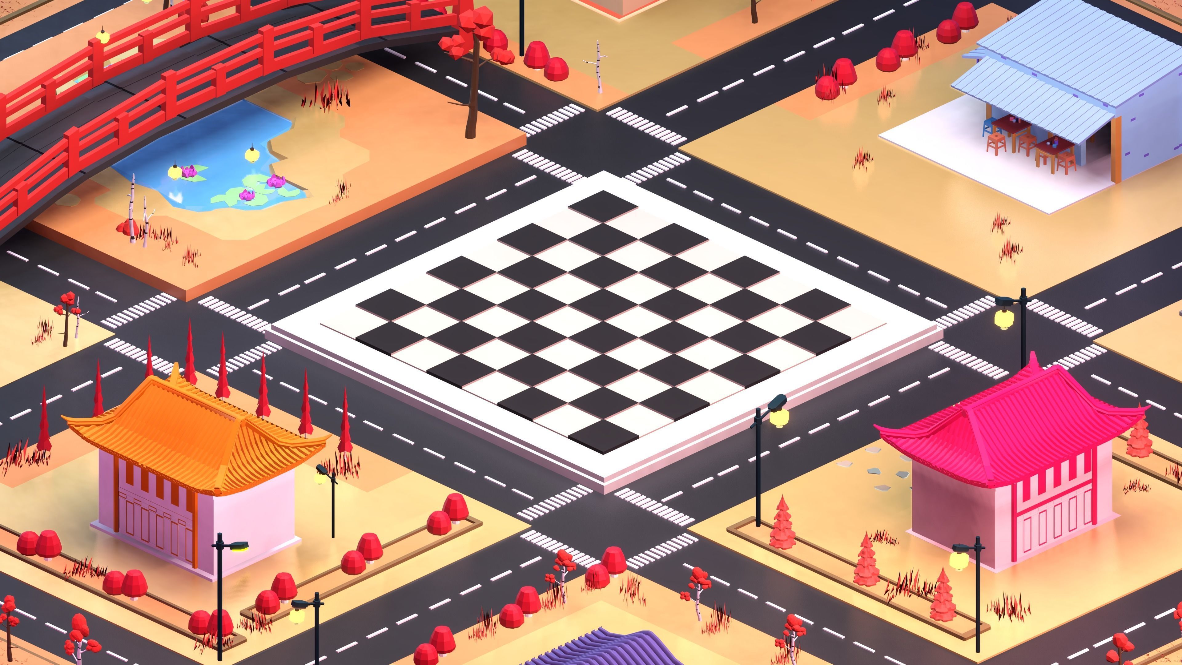 Low poly Japan city scene with chessboard 3D model Low-poly 3D model_7